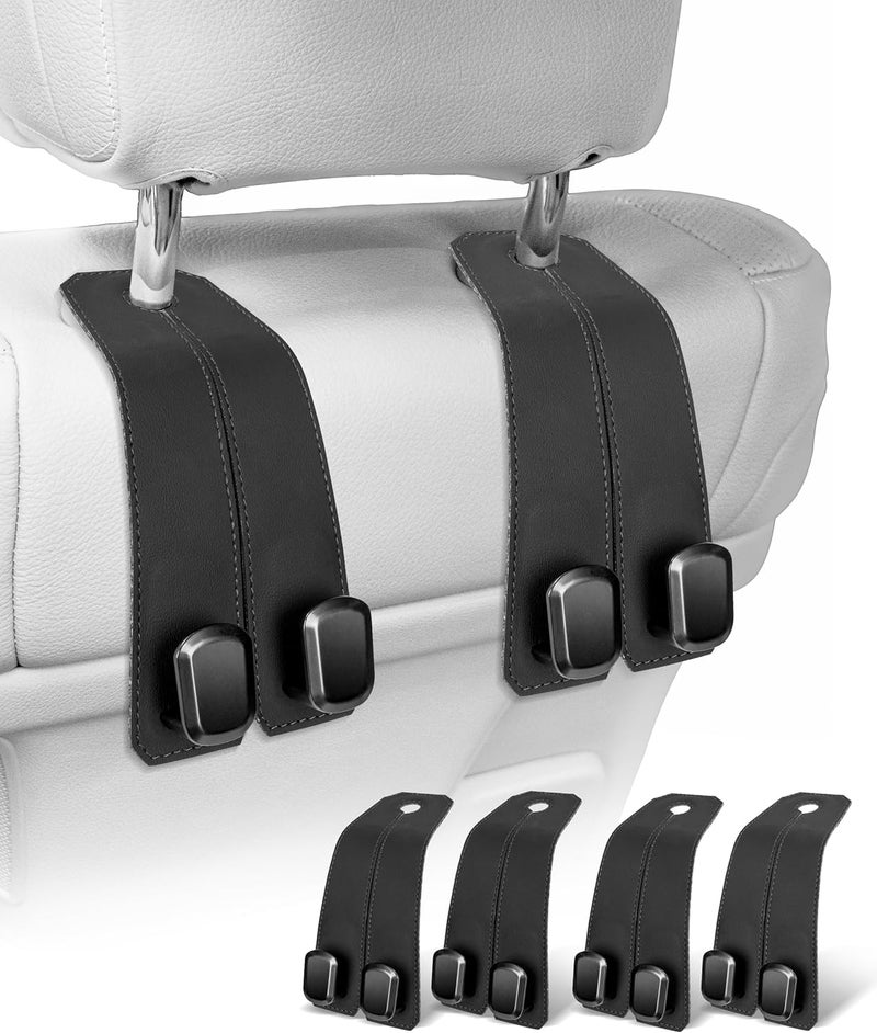 VETERBONE Car Hooks for Headrest, 4PCS Car Purse Hooks Luxurious Leather 100% Metal Car Hangers for Seat Multifunctional Car Bag Hook Car Seat Back Storage Hook Accessories (Black) - Image 1